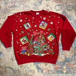 Vintage Land ’n Sea Red Christmas Sweatshirt L – Toy Basket Teddy Bear Glitter